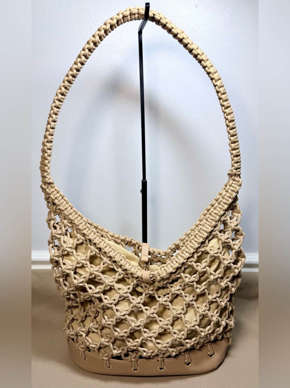 INC International Concepts Kahtt Macrame Hobo Bag Beige Boho NWOT